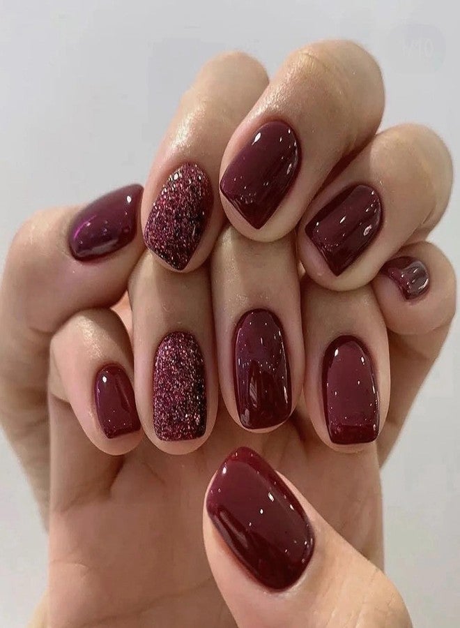 MISUD Press on Nails - Short Square Fake Nails with Burgundy, Acrylic Bling Glitter Design 24 pcs - Image 1
